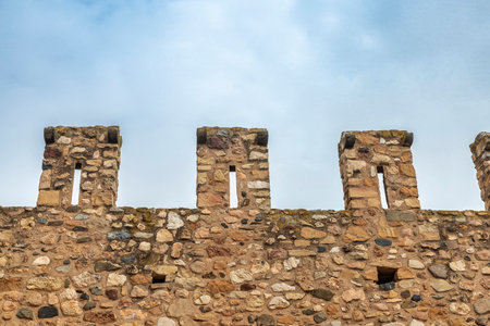 Battlement of the fortified walls of the town of Montblanc, Tarragona, Catalonia, Spainの写真素材