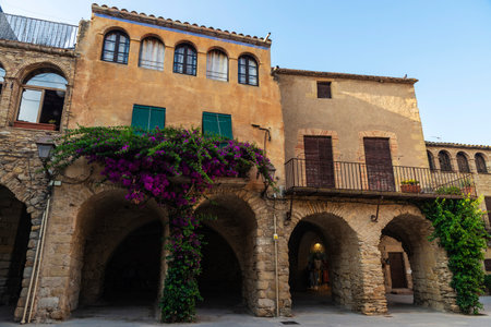 Street with typical houses of the rustic village of Peratallada, Girona, Catalonia, Spainの写真素材