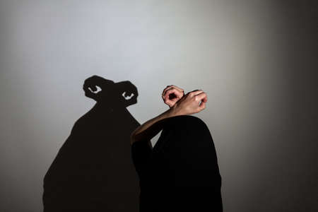 play shadow projected on a white screen. the person's hands and head give shape to a monster.の写真素材