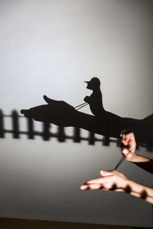 play shadow projected on a white screen. the person's hands shape the horse and riderの写真素材