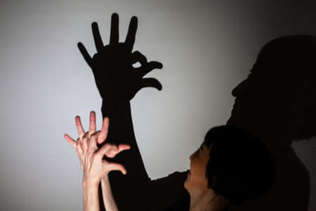 play shadow projected on a white screen. the person's hands promote the finish of a rooster or henの写真素材