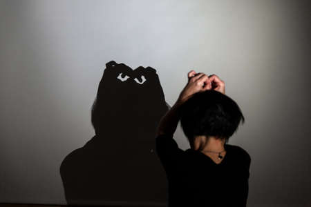 play shadow projected on a white screen. the person's hands and head give shape to a monster.の写真素材