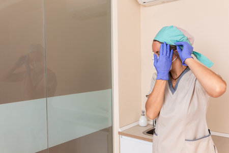 Portrait of female surgeon or nurse wearing protective uniformの写真素材