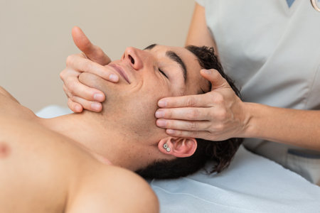 Woman physiotherapist does session to man. manual Massage therapy, cervical painの写真素材