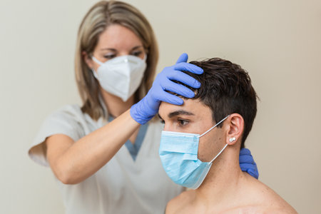 woman physiotherapist with mask does massage. Cervical manipulation, thrust