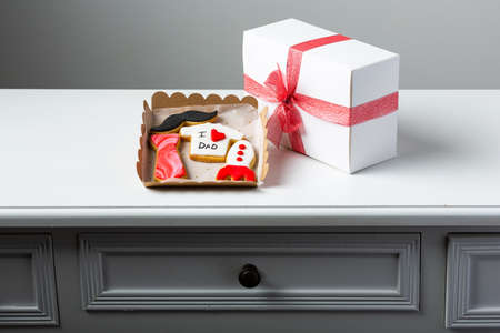 assortment box of handmade cookies as a gift for fathers dayの写真素材
