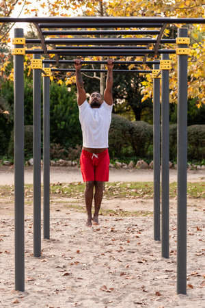 african american athlete doing fitness exercises on bars, calisthenics workout.