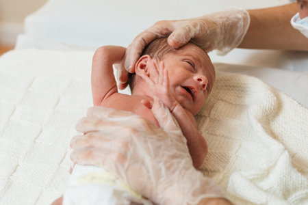 Professional physiotherapist performing a sternocleidomastoid evaluation in a newborn baby.の写真素材