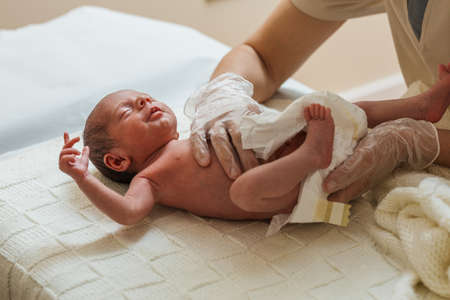 Professional physical therapist working with a newborn baby in a medical office.の写真素材