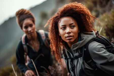Two Red Haired Afroamerican Women Climbing Mountains, generative AIの素材