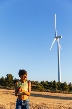 Young girl holding a plant while standing outdoors in a wind farm.