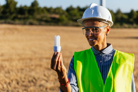 Female engineer holding a light bulb while standing outdoors in the field.の写真素材