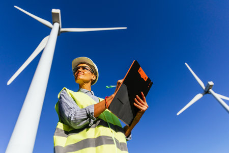 Professional female engineer working in a wind turbine field.