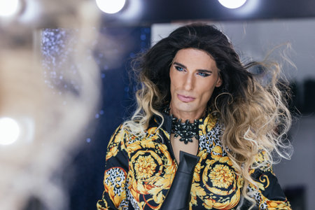Drag queen moving the hair of a wig sensualの写真素材