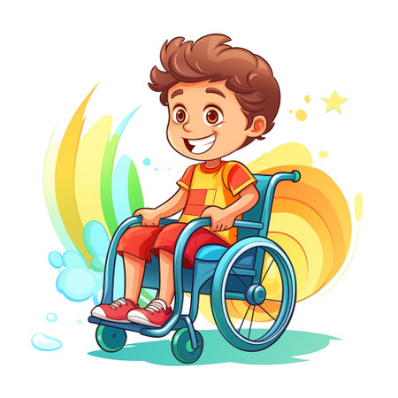 child disability wheelchair boy run, cartoonの素材