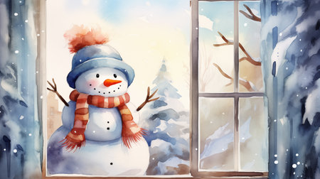 christmas greeting card snowman with scarf and silk hat outside the doorの素材