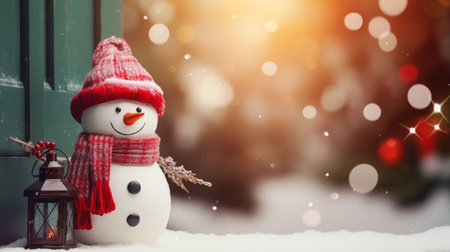 christmas greeting card snowman with scarf and silk hat outside the doorの素材