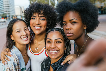 Diverse Group of female friends sharing a joyful moment together outdoors.の写真素材