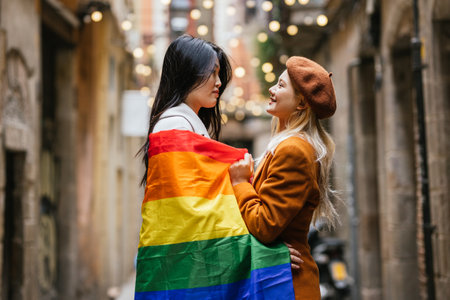 Asian lesbian couple with lgbt rainbow flag outdoors on the street.の写真素材