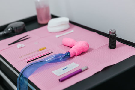 Detailed view of a microblading artists worktable, showcasing tools for eyebrow tattooingの写真素材