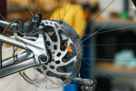 Detail shot of the disc brake of a mountain bike spinning.の写真素材
