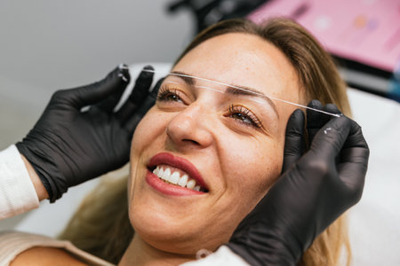 Premicroblading eyebrow design with thread markingの写真素材