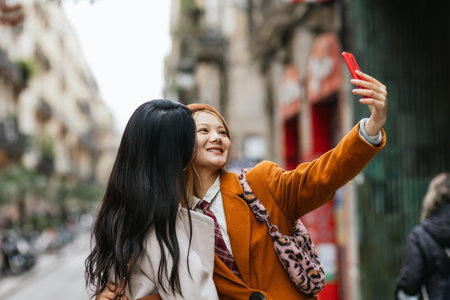 Young tourists taking selfie in barcelona city centerの写真素材