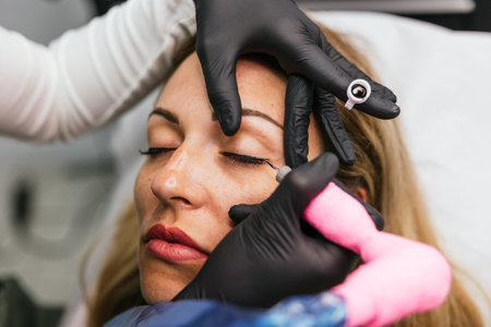Closeup view of a professional cosmetic procedure, applying permanent eyeliner through micropigmentation on a womans eyelids in a beauty clinicの写真素材
