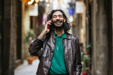 Stylish man wearing leather jacket is laughing while talking on the phoneの写真素材