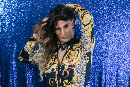 Extravagant drag queen against sparkling backgroundの写真素材