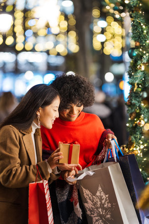 Two young women are admiring christmas gift after shopping spreeの写真素材