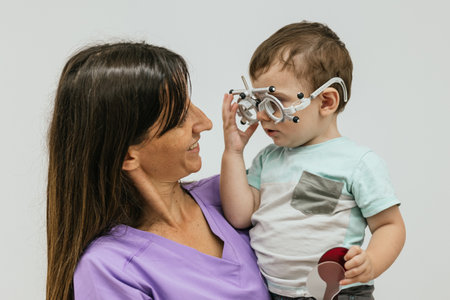 Optometrist holding baby while testing his vision with trial frameの写真素材