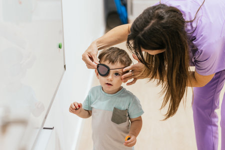 Optometrist placing eye patch on toddler boy for treatmentの写真素材