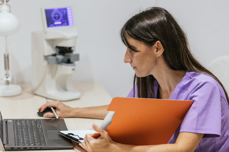 Optometrist working with laptop and taking notes in her officeの写真素材