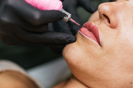 The detailed and precise professional lip micropigmentation procedure at a luxury beauty salon by a skilled beauticianの写真素材