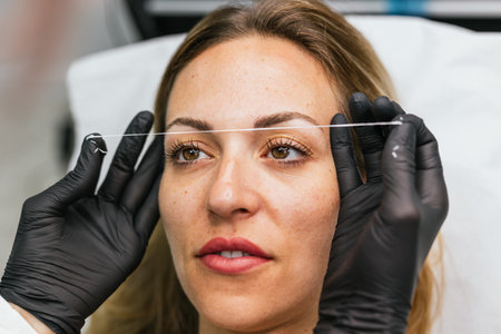 Precise eyebrow design, premicroblading thread marking techniqueの写真素材