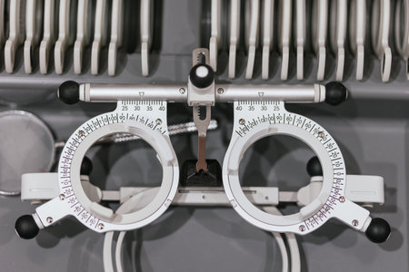 Trial frame being adjusted for eyesight examinationの写真素材