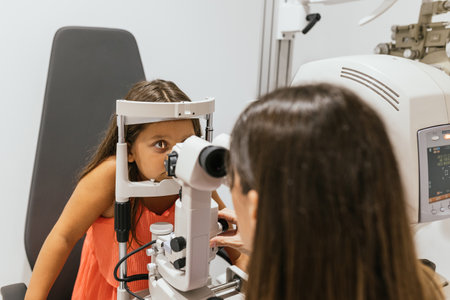 Young patient having her eyesight tested by an optometristの写真素材