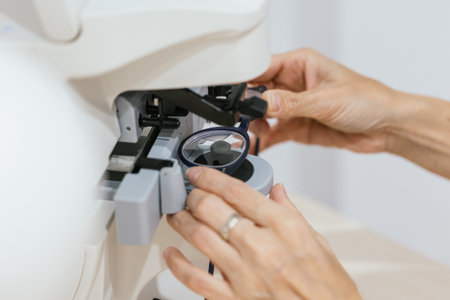 Optician preparing eyeglasses using lensmeter for graduation