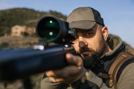 Hunter aiming with rifle in nature during hunt
