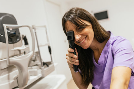 Optometrist performing retinoscopy exam using retinoscopeの写真素材