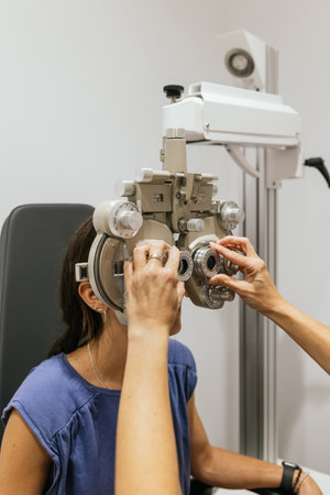 Optometrist adjusting phoropter for eye examinationの写真素材