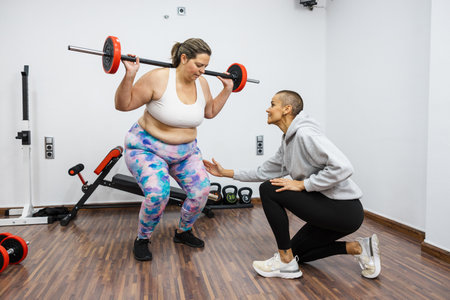 Personal trainer supporting client during weightlifting squat exercise