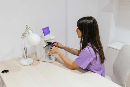 Optometrist preparing lensometer for eyesight examination