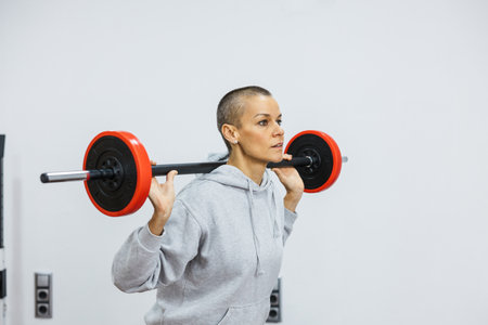 Determined sportswoman performing weighted squats with barbell in gymの写真素材