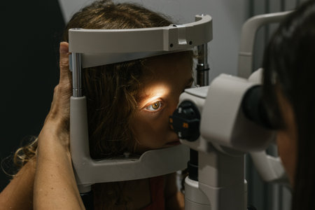 Pediatric optometrist examining a young girls vision with a phoropter