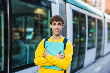 Smiling college student holding a binder and waiting for the tramの写真素材
