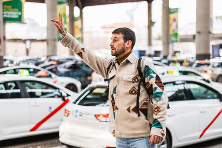Tourist hailing a taxi in madrid atocha station, waving for transportationの写真素材