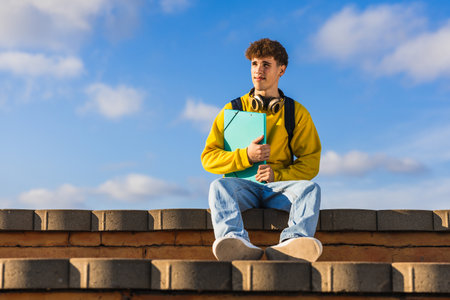 Young college student sitting on a wall and holding a binder under blue skyの写真素材