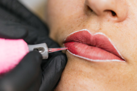 Professional lip micropigmentation procedure in beauty clinicの写真素材